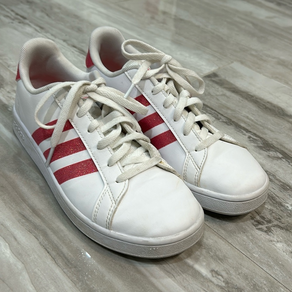 Adidas kids sneakers. White with pink glitter stripes size 3 1/2.